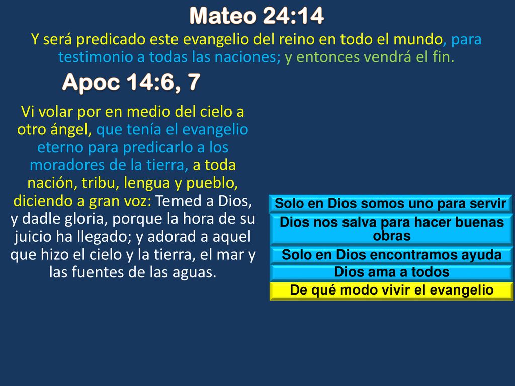 Mateo 24:14 Y será predicado este evangelio del reino en todo el mundo, para testimonio a todas las naciones; y entonces vendrá el fin.
