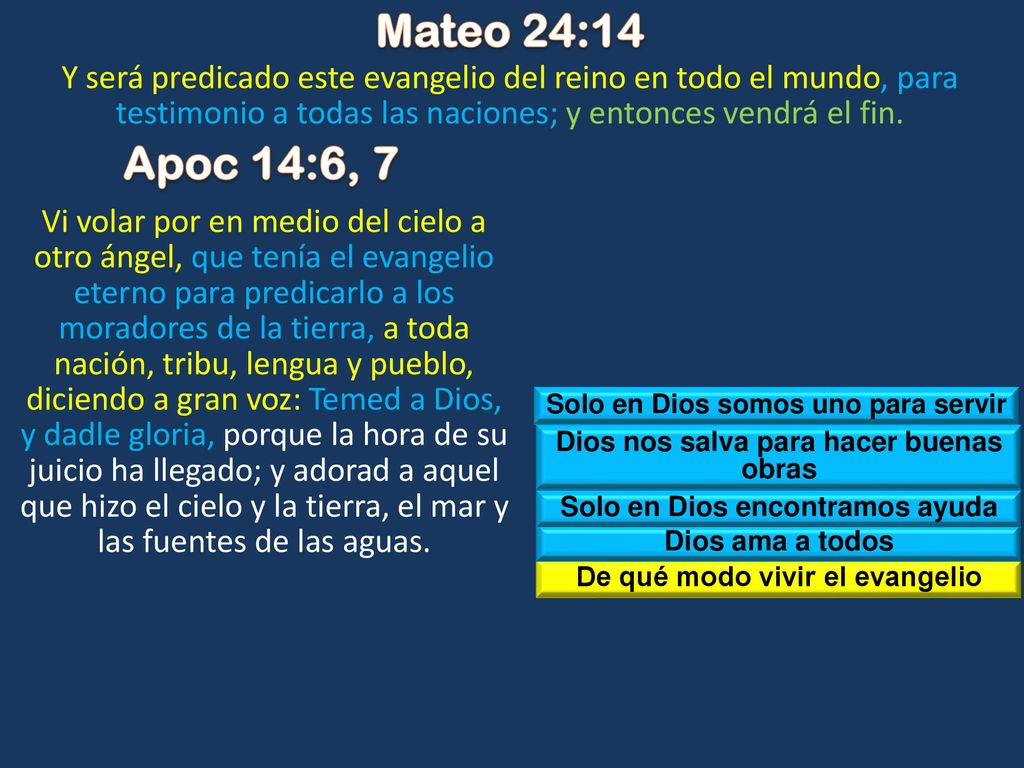Mateo 24:14 Y será predicado este evangelio del reino en todo el mundo, para testimonio a todas las naciones; y entonces vendrá el fin.