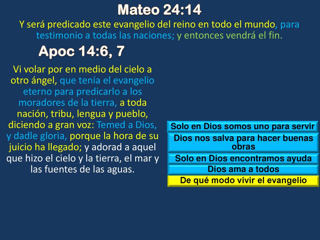 Mateo 24:14 Y será predicado este evangelio del reino en todo el mundo, para testimonio a todas las naciones; y entonces vendrá el fin.