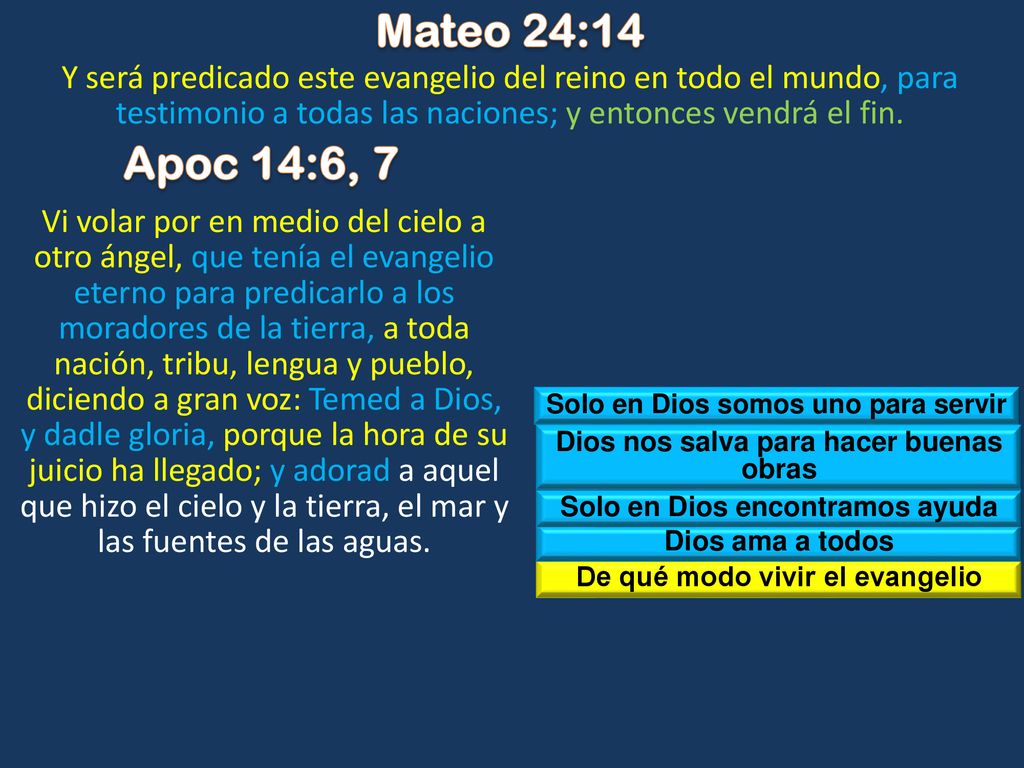 Mateo 24:14 Y será predicado este evangelio del reino en todo el mundo, para testimonio a todas las naciones; y entonces vendrá el fin.
