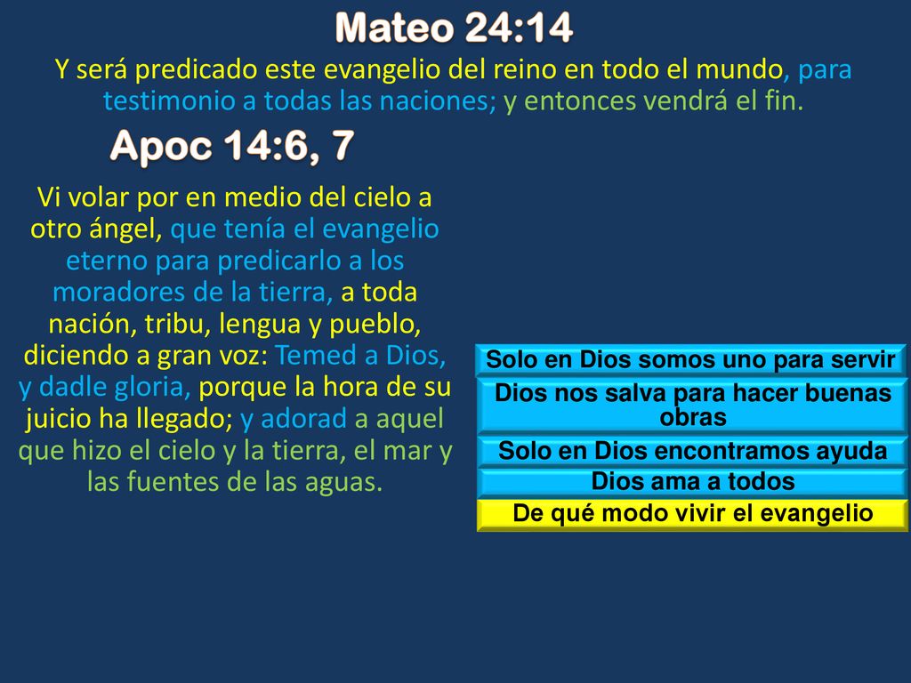 Mateo 24:14 Y será predicado este evangelio del reino en todo el mundo, para testimonio a todas las naciones; y entonces vendrá el fin.