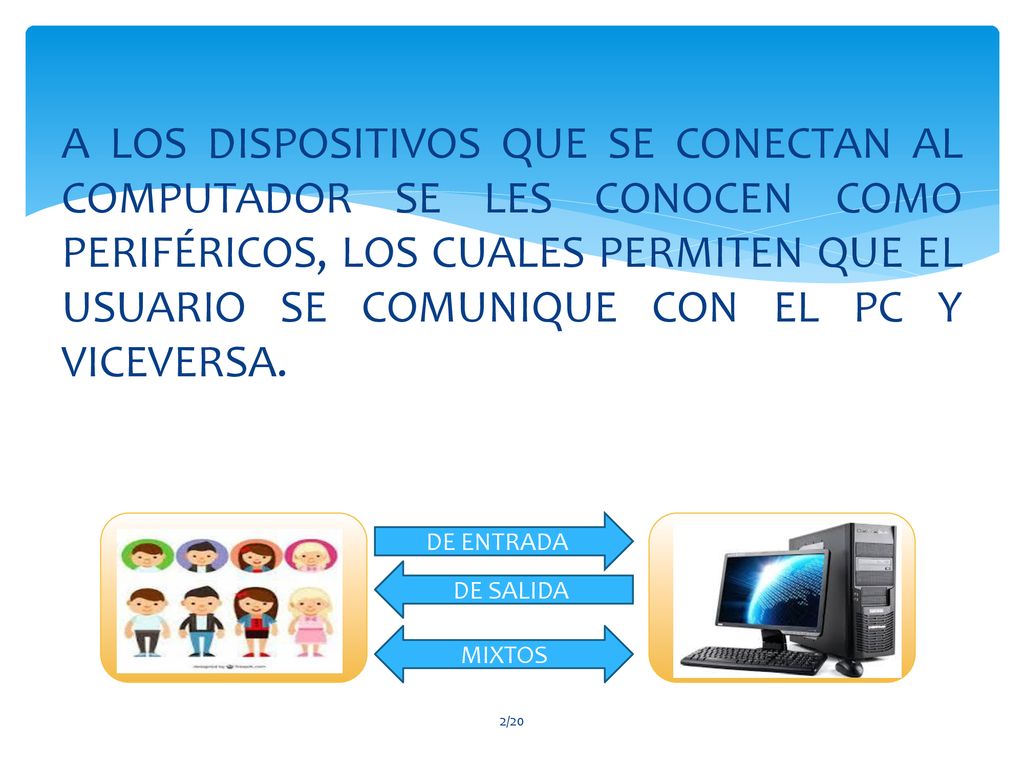 A LOS DISPOSITIVOS QUE SE CONECTAN AL COMPUTADOR SE LES CONOCEN COMO PERIFÉRICOS, LOS CUALES PERMITEN QUE EL USUARIO SE COMUNIQUE CON EL PC Y VICEVERSA.