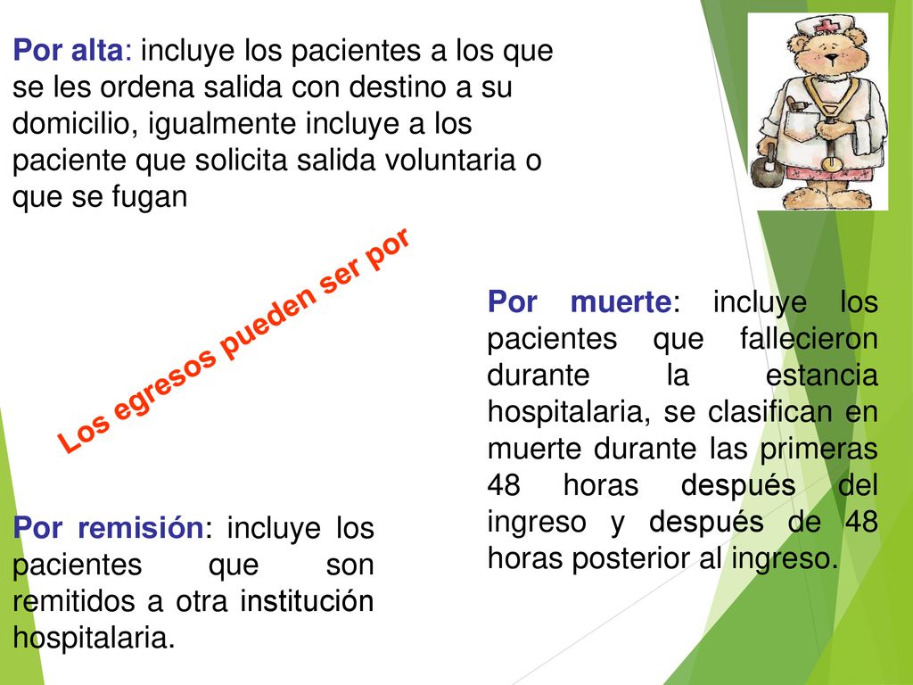Por alta: incluye los pacientes a los que se les ordena salida con destino a su domicilio, igualmente incluye a los paciente que solicita salida voluntaria o que se fugan
