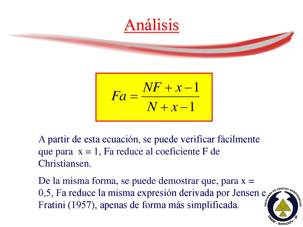 Análisis A partir de esta ecuación, se puede verificar fácilmente que para x = 1, Fa reduce al coeficiente F de Christiansen.