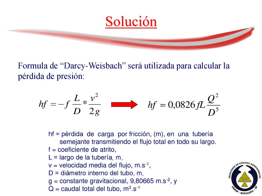 Solución Formula de Darcy-Weisbach será utilizada para calcular la pérdida de presión: