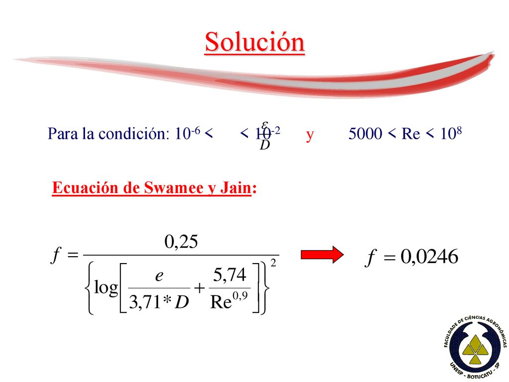 Solución Para la condición: 10-6 < < 10-2 y 5000 < Re < 108.