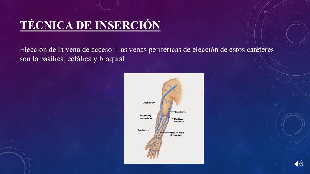 TÉCNICA DE INSERCIÓN Elección de la vena de acceso: Las venas periféricas de elección de estos catéteres son la basílica, cefálica y braquial.