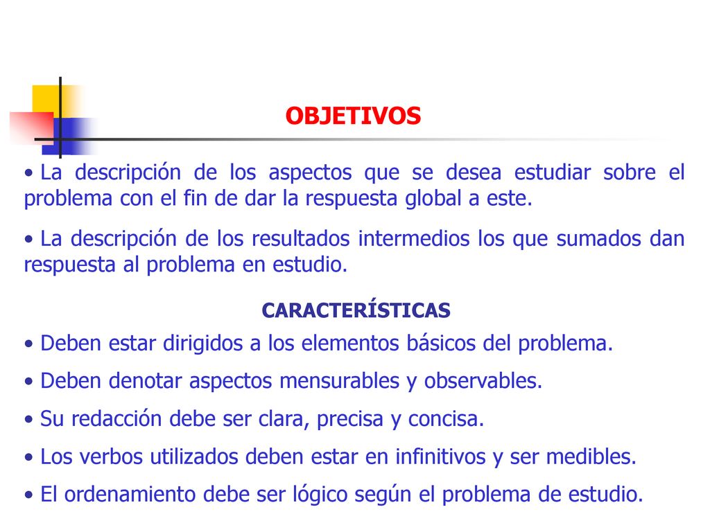 OBJETIVOS La descripción de los aspectos que se desea estudiar sobre el problema con el fin de dar la respuesta global a este.