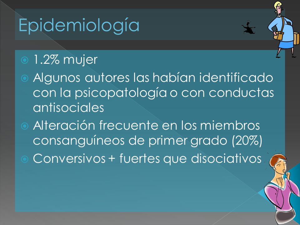 Epidemiología 1.2% mujer. Algunos autores las habían identificado con la psicopatología o con conductas antisociales.