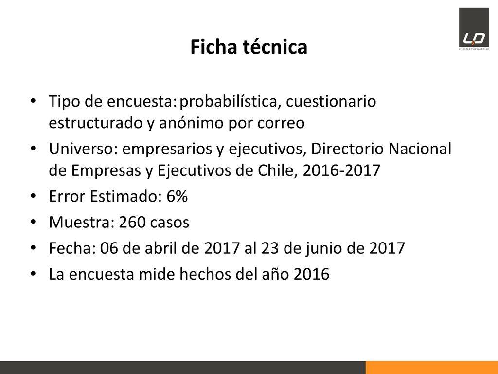 Ficha técnica Tipo de encuesta: probabilística, cuestionario estructurado y anónimo por correo.