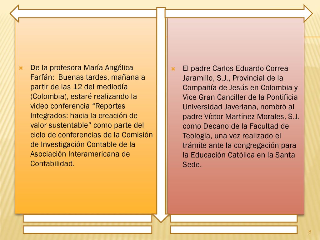 De la profesora María Angélica Farfán: Buenas tardes, mañana a partir de las 12 del mediodía (Colombia), estaré realizando la video conferencia Reportes Integrados: hacia la creación de valor sustentable como parte del ciclo de conferencias de la Comisión de Investigación Contable de la Asociación Interamericana de Contabilidad.