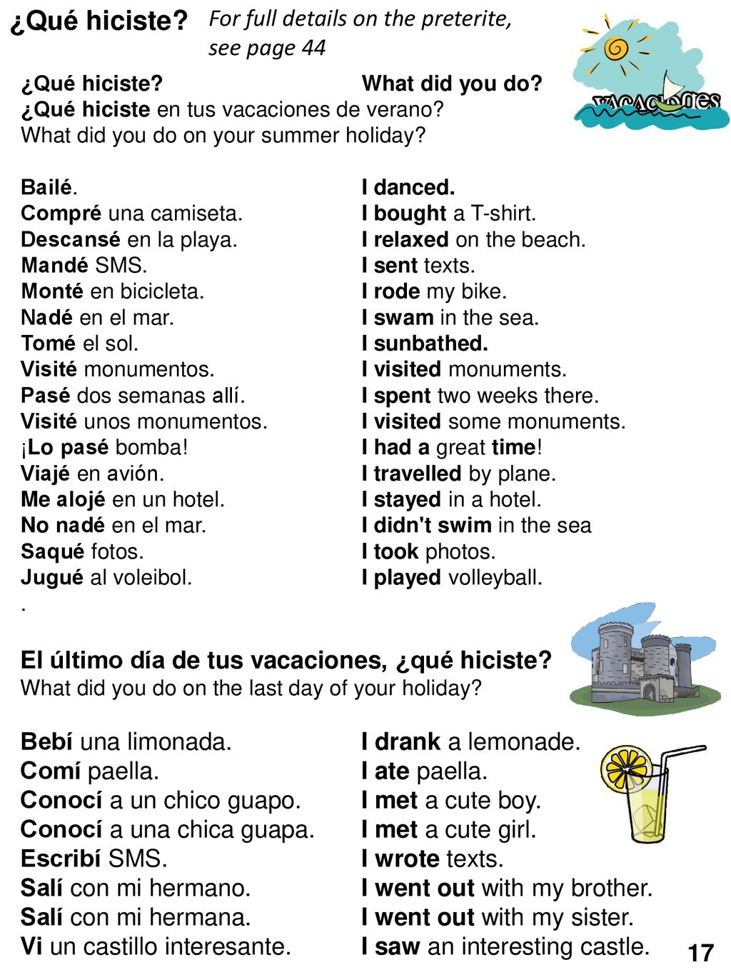 ¿Qué hiciste For full details on the preterite, see page 44
