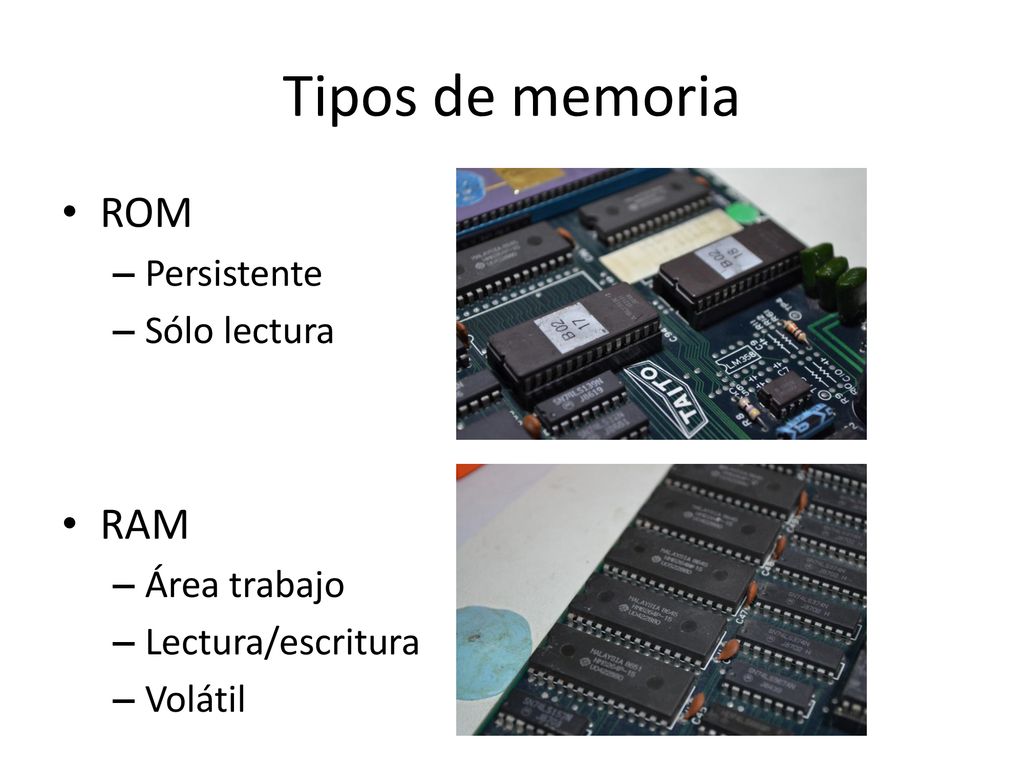 Tipos de memoria ROM RAM Persistente Sólo lectura Área trabajo