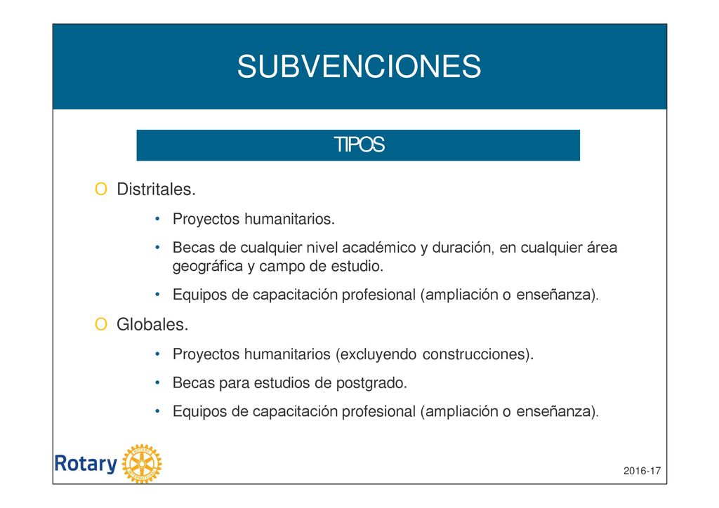 SUBVENCIONES TIPOS O Distritales. O Globales. Proyectos humanitarios.