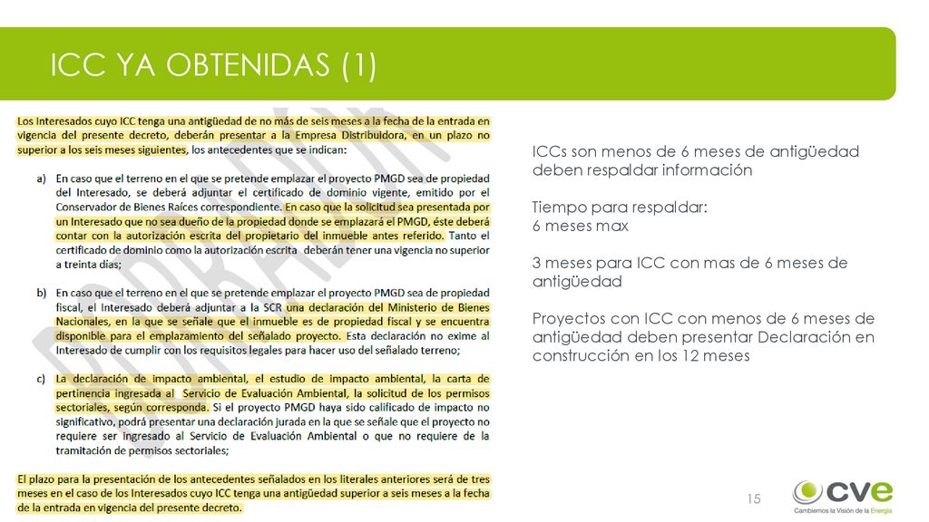 ICC ya obtenidas (1) ICCs son menos de 6 meses de antigüedad deben respaldar información. Tiempo para respaldar: