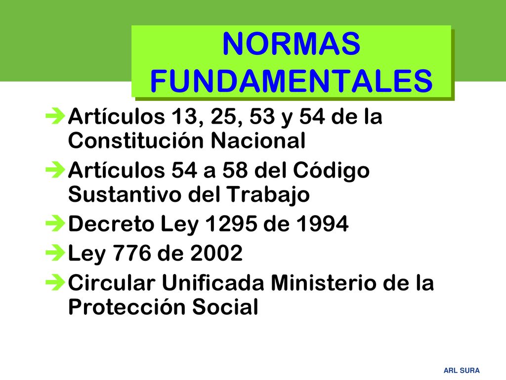 NORMAS FUNDAMENTALES Artículos 13, 25, 53 y 54 de la Constitución Nacional. Artículos 54 a 58 del Código Sustantivo del Trabajo.
