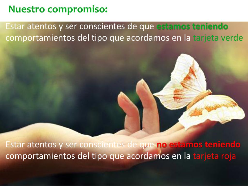 Nuestro compromiso: Estar atentos y ser conscientes de que estamos teniendo comportamientos del tipo que acordamos en la tarjeta verde.
