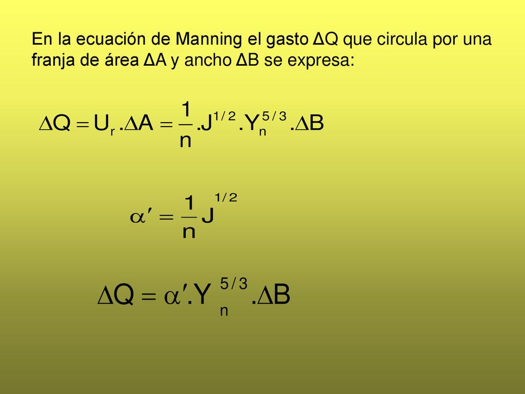 En la ecuación de Manning el gasto ΔQ que circula por una franja de área ΔA y ancho ΔB se expresa: