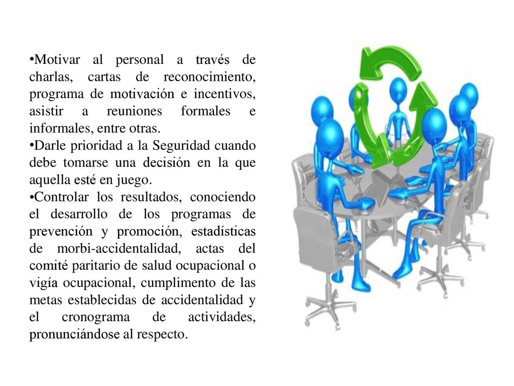 Motivar al personal a través de charlas, cartas de reconocimiento, programa de motivación e incentivos, asistir a reuniones formales e informales, entre otras.