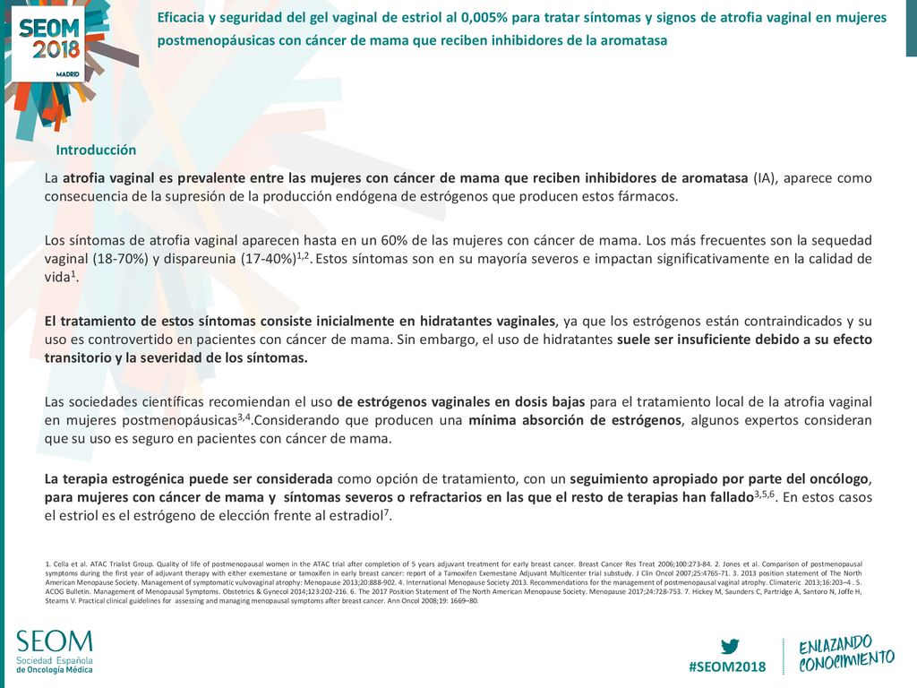 Eficacia y seguridad del gel vaginal de estriol al 0,005% para tratar síntomas y signos de atrofia vaginal en mujeres postmenopáusicas con cáncer de mama que reciben inhibidores de la aromatasa