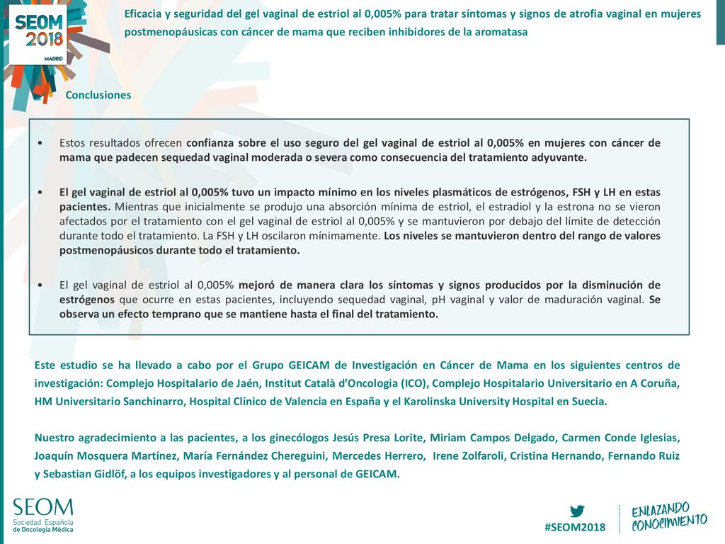 Eficacia y seguridad del gel vaginal de estriol al 0,005% para tratar síntomas y signos de atrofia vaginal en mujeres postmenopáusicas con cáncer de mama que reciben inhibidores de la aromatasa