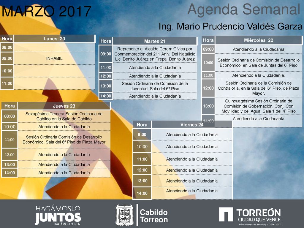 Agenda Semanal MARZO 2017 Ing. Mario Prudencio Valdés Garza Cabildo