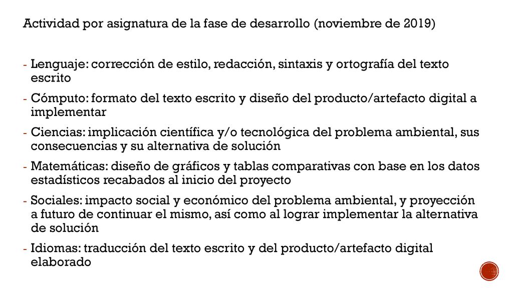 Actividad por asignatura de la fase de desarrollo (noviembre de 2019)