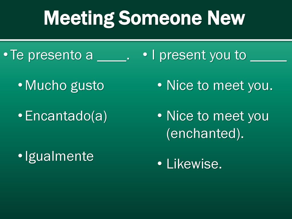 Meeting Someone New Te presento a ____. Mucho gusto Encantado(a)