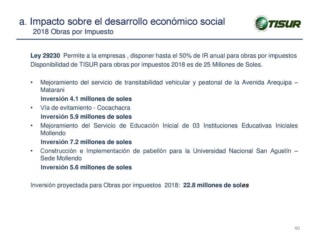 a. Impacto sobre el desarrollo económico social 2018 Obras por Impuesto