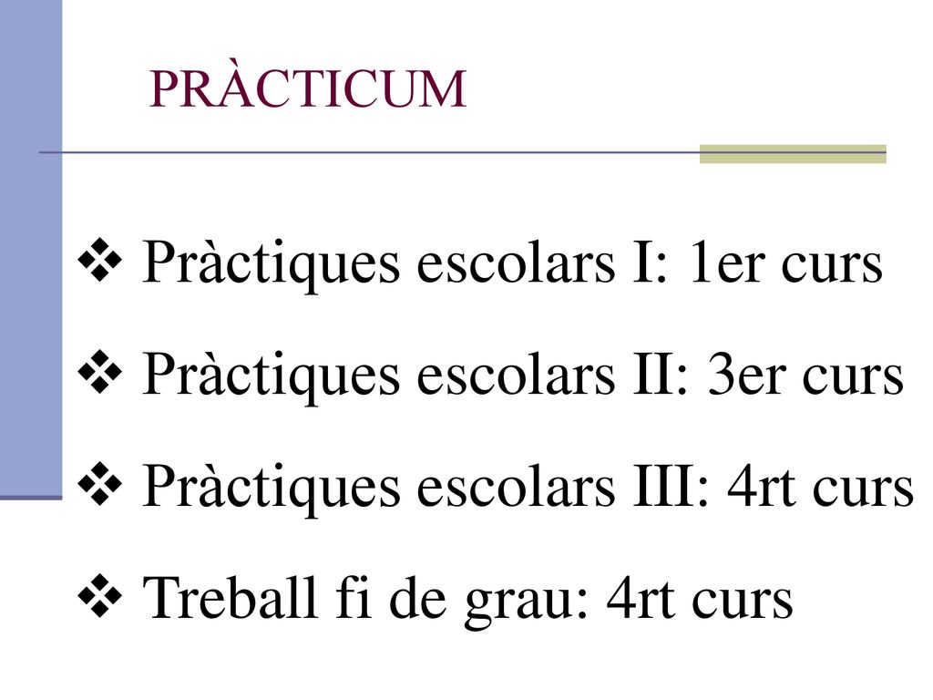Pràctiques escolars I: 1er curs Pràctiques escolars II: 3er curs