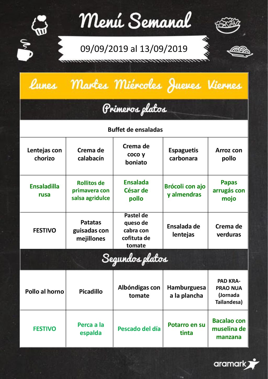09/09/2019 al 13/09/2019 Buffet de ensaladas Lentejas con chorizo