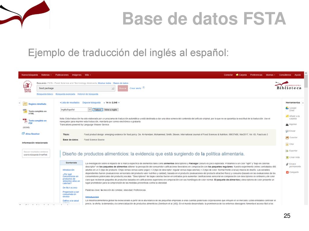 Base de datos FSTA Ejemplo de traducción del inglés al español: