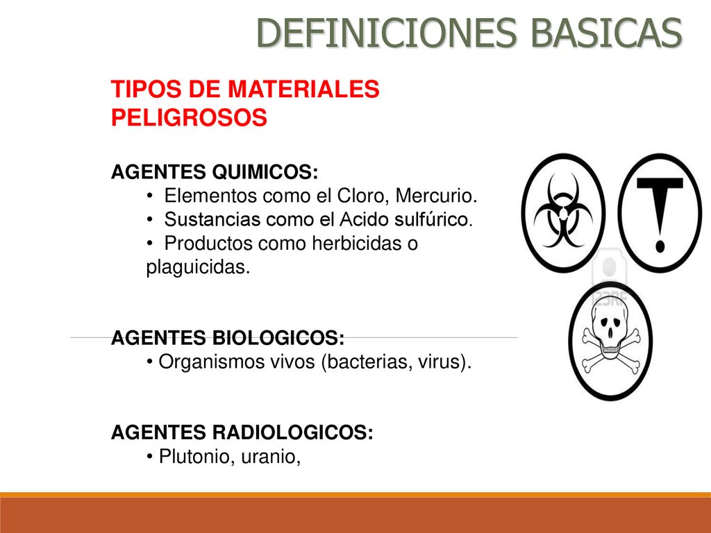 DEFINICIONES BASICAS TIPOS DE MATERIALES PELIGROSOS AGENTES QUIMICOS: