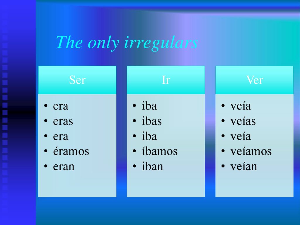 The only irregulars Ser era eras éramos eran Ir iba ibas íbamos iban