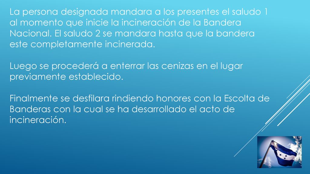 La persona designada mandara a los presentes el saludo 1 al momento que inicie la incineración de la Bandera Nacional.