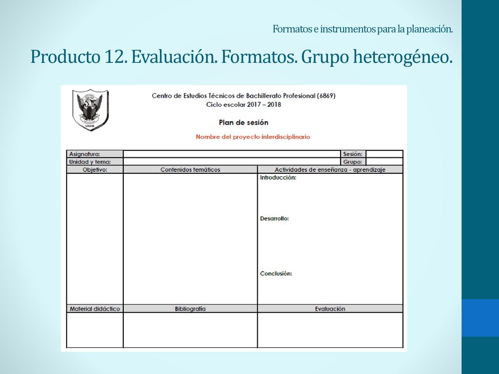 Producto 12. Evaluación. Formatos. Grupo heterogéneo.
