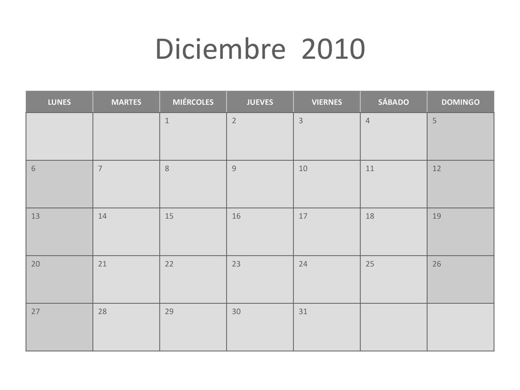 Diciembre 2010 LUNES MARTES MIÉRCOLES JUEVES VIERNES SÁBADO DOMINGO 1