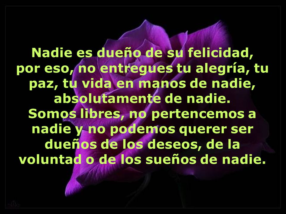 Nadie es dueño de su felicidad, por eso, no entregues tu alegría, tu paz, tu vida en manos de nadie, absolutamente de nadie.