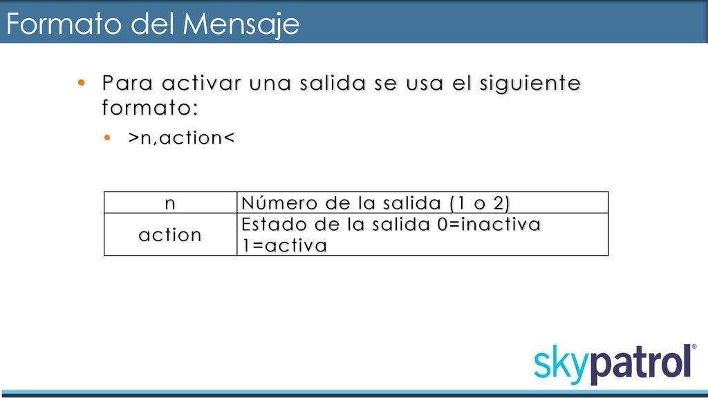 Formato del Mensaje Para activar una salida se usa el siguiente formato: >n,action< n. Número de la salida (1 o 2)