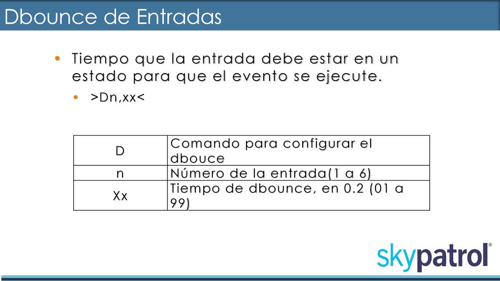 Dbounce de Entradas Tiempo que la entrada debe estar en un estado para que el evento se ejecute. >Dn,xx<