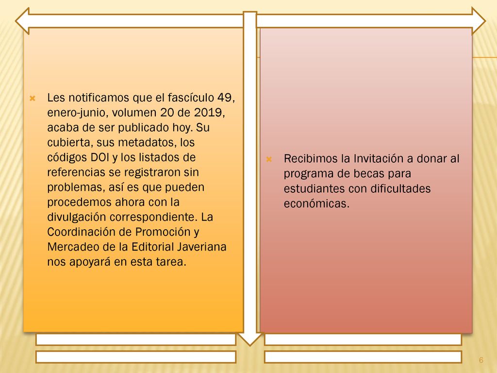 Les notificamos que el fascículo 49, enero-junio, volumen 20 de 2019, acaba de ser publicado hoy. Su cubierta, sus metadatos, los códigos DOI y los listados de referencias se registraron sin problemas, así es que pueden procedemos ahora con la divulgación correspondiente. La Coordinación de Promoción y Mercadeo de la Editorial Javeriana nos apoyará en esta tarea.