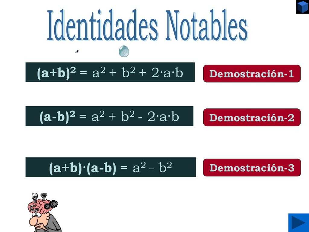 Identidades Notables (a+b)2 = a2 + b2 + 2·a·b (a-b)2 = a2 + b2 - 2·a·b