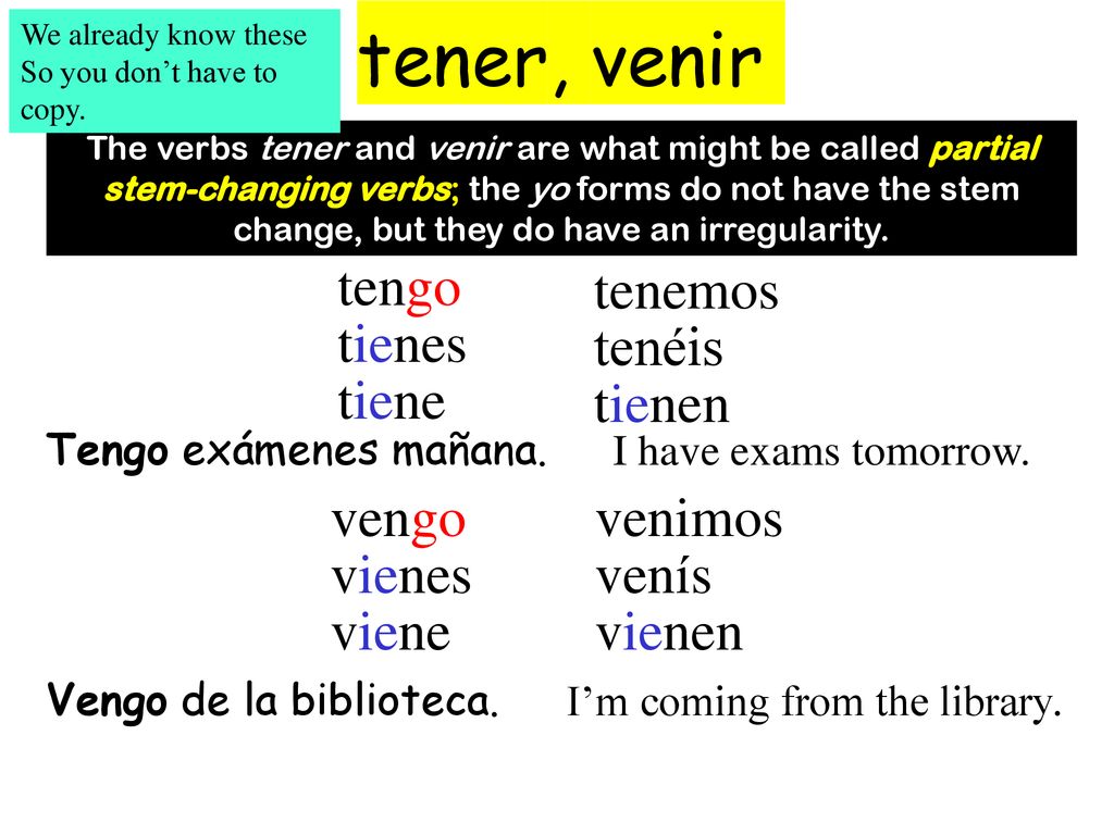tener, venir tengo tienes tiene tenemos tenéis tienen vengo vienes