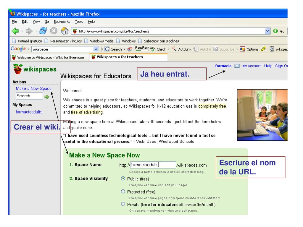 Ja heu entrat. Crear el wiki. Escriure el nom de la URL.