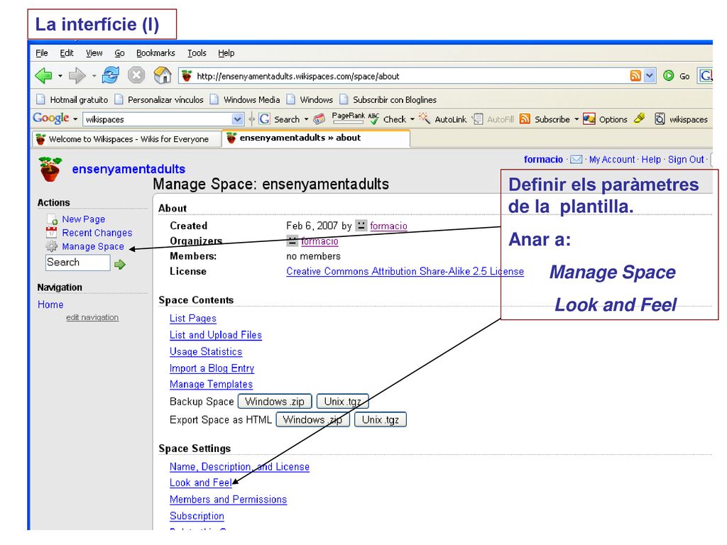 La interfície (I) Definir els paràmetres de la plantilla. Anar a: Manage Space Look and Feel
