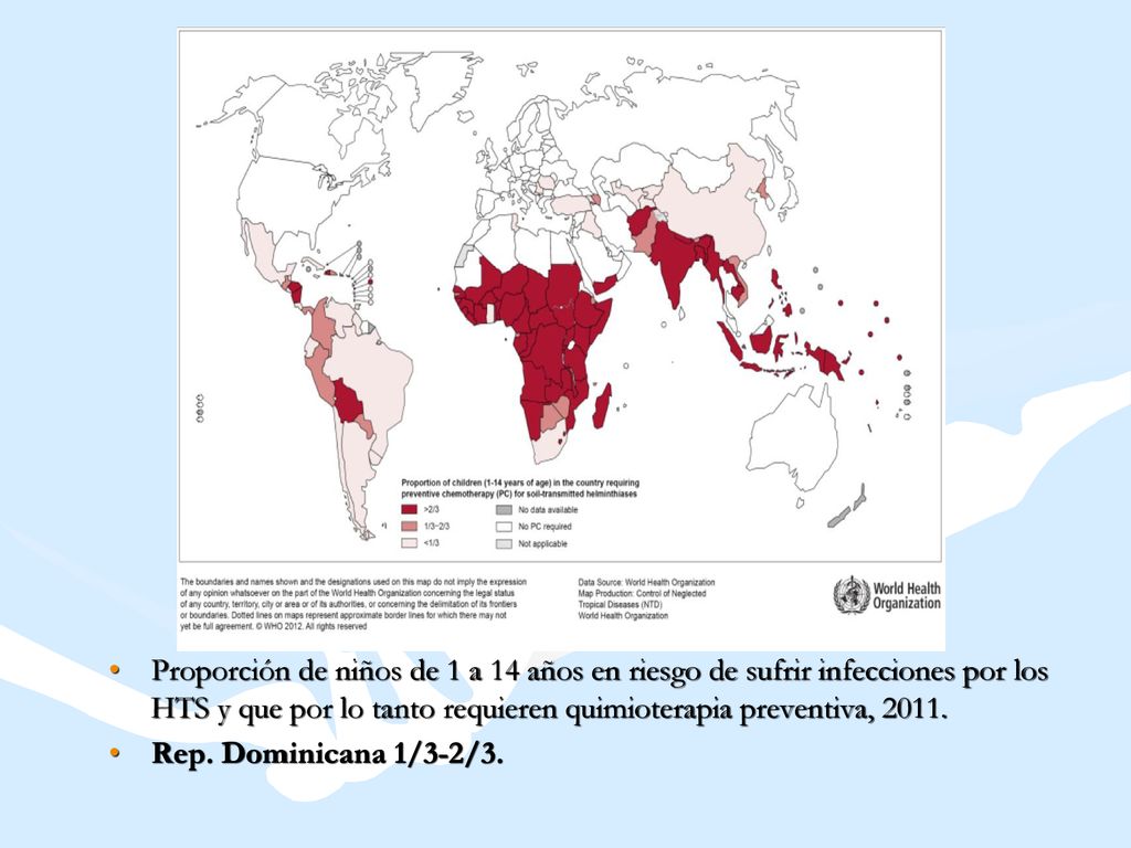 Proporción de niños de 1 a 14 años en riesgo de sufrir infecciones por los HTS y que por lo tanto requieren quimioterapia preventiva, 2011.