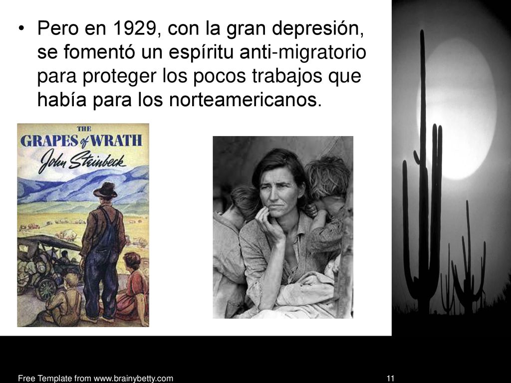 Pero en 1929, con la gran depresión, se fomentó un espíritu anti-migratorio para proteger los pocos trabajos que había para los norteamericanos.