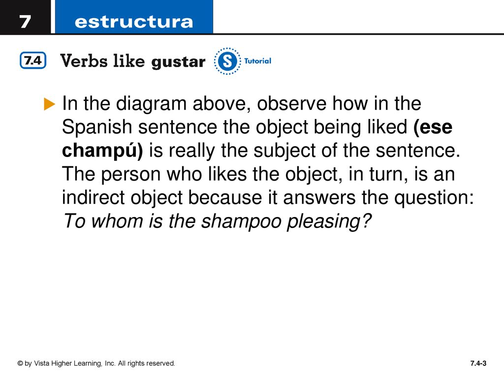In the diagram above, observe how in the Spanish sentence the object being liked (ese champú) is really the subject of the sentence. The person who likes the object, in turn, is an indirect object because it answers the question: To whom is the shampoo pleasing