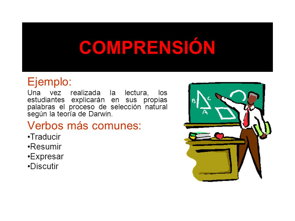 COMPRENSIÓN Ejemplo: Verbos más comunes: Traducir Resumir Expresar
