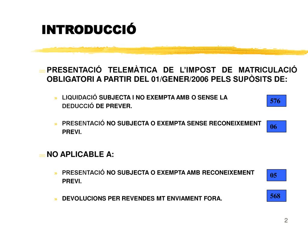 INTRODUCCIÓ PRESENTACIÓ TELEMÀTICA DE L’IMPOST DE MATRICULACIÓ OBLIGATORI A PARTIR DEL 01/GENER/2006 PELS SUPÒSITS DE: